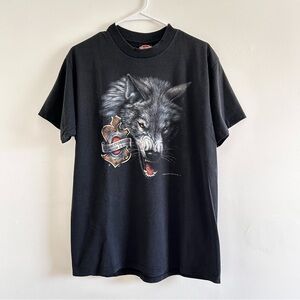 Vintage 1992 Harley-Davidson 3D emblem Black Tee with Wolf Graphic